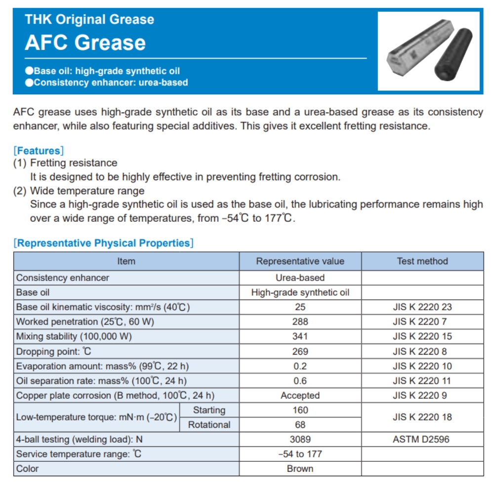Thông số kỹ thuật của mỡ bôi trơn THK AFC Grease