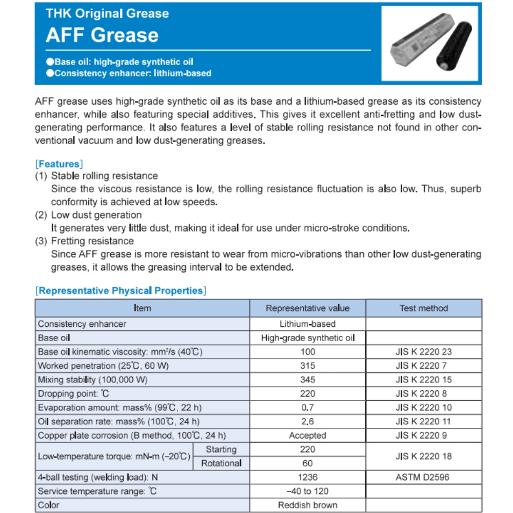 Thông số kỹ thuật của mỡ bôi trơn THK AFF Grease