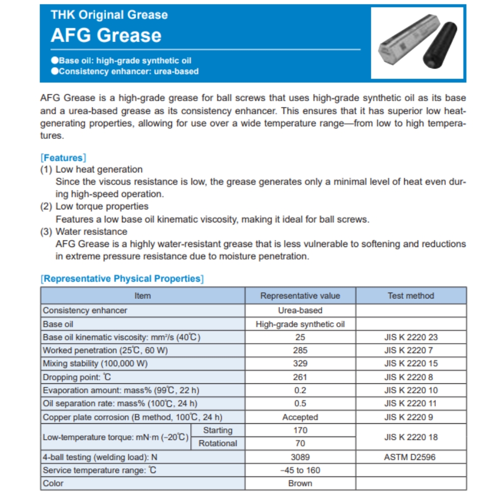 Thông số kỹ thuật của mỡ bôi trơn THK AFG Grease