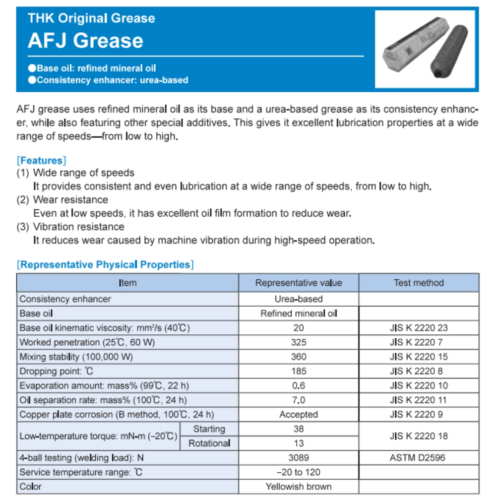 Thông số kỹ thuật của mỡ bôi trơn THK AFJ Grease