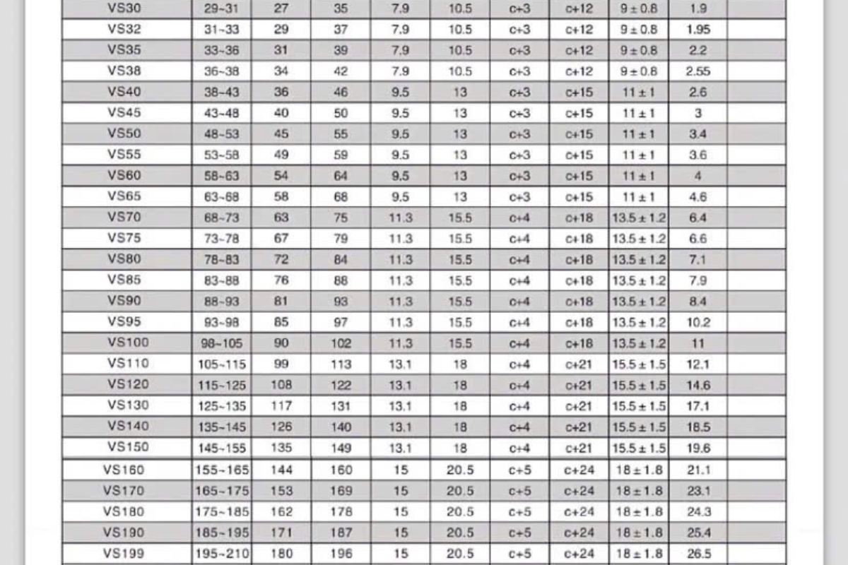 Thông số kỹ thuật phớt chắn nước động cơ VS22, VS25, VS28, VS30