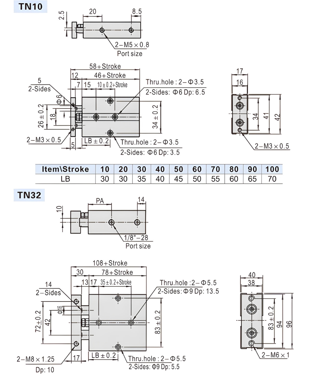 Thông số kỹ thuật xi lanh khí nén trục đôi AIRTAC TN
