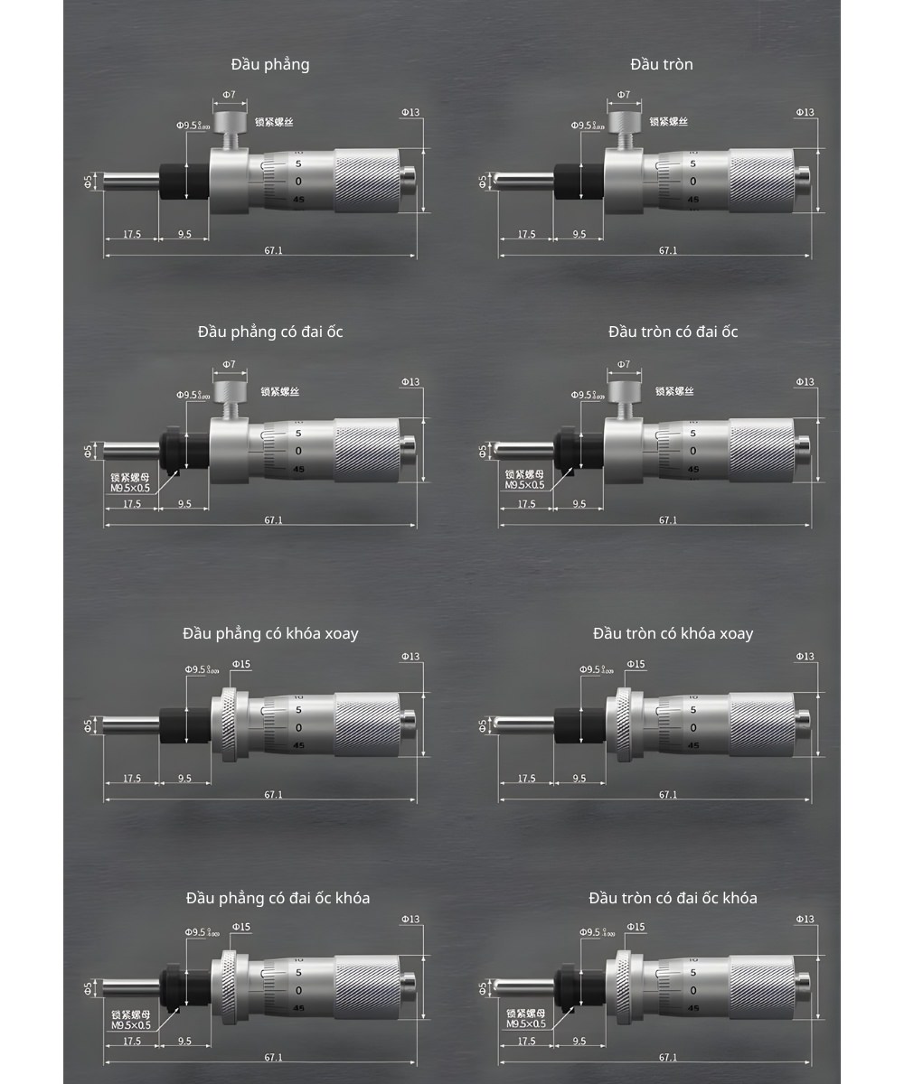 Thông số kỹ thuật đầu panme có khóa tay siết 0-13mm