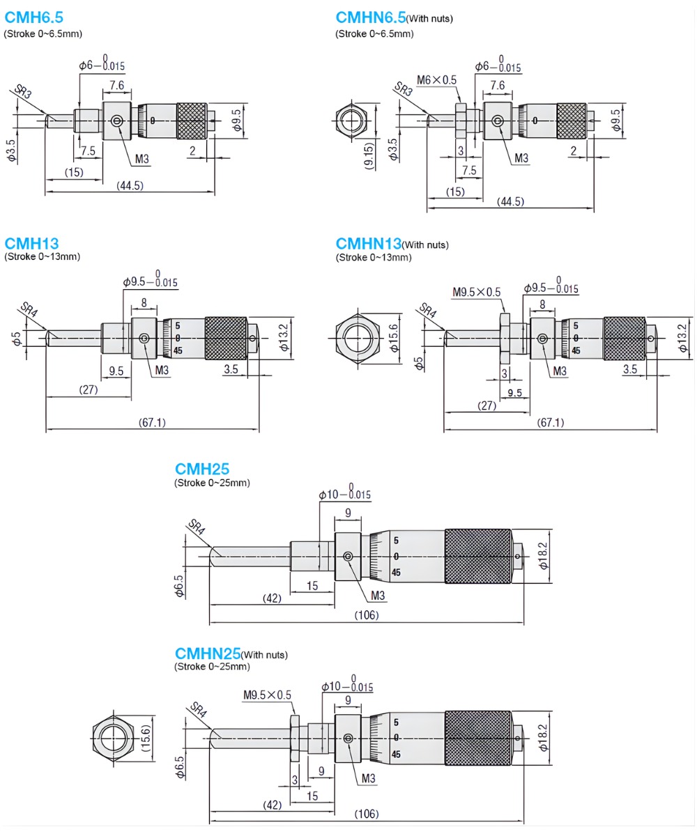 Thông số kỹ thuật đầu panme vi sai CMH6.5, CMH13, CMH25, CMHD6.5, CMHDN6.5, CMHN6.5, CMHN13, CMHN25