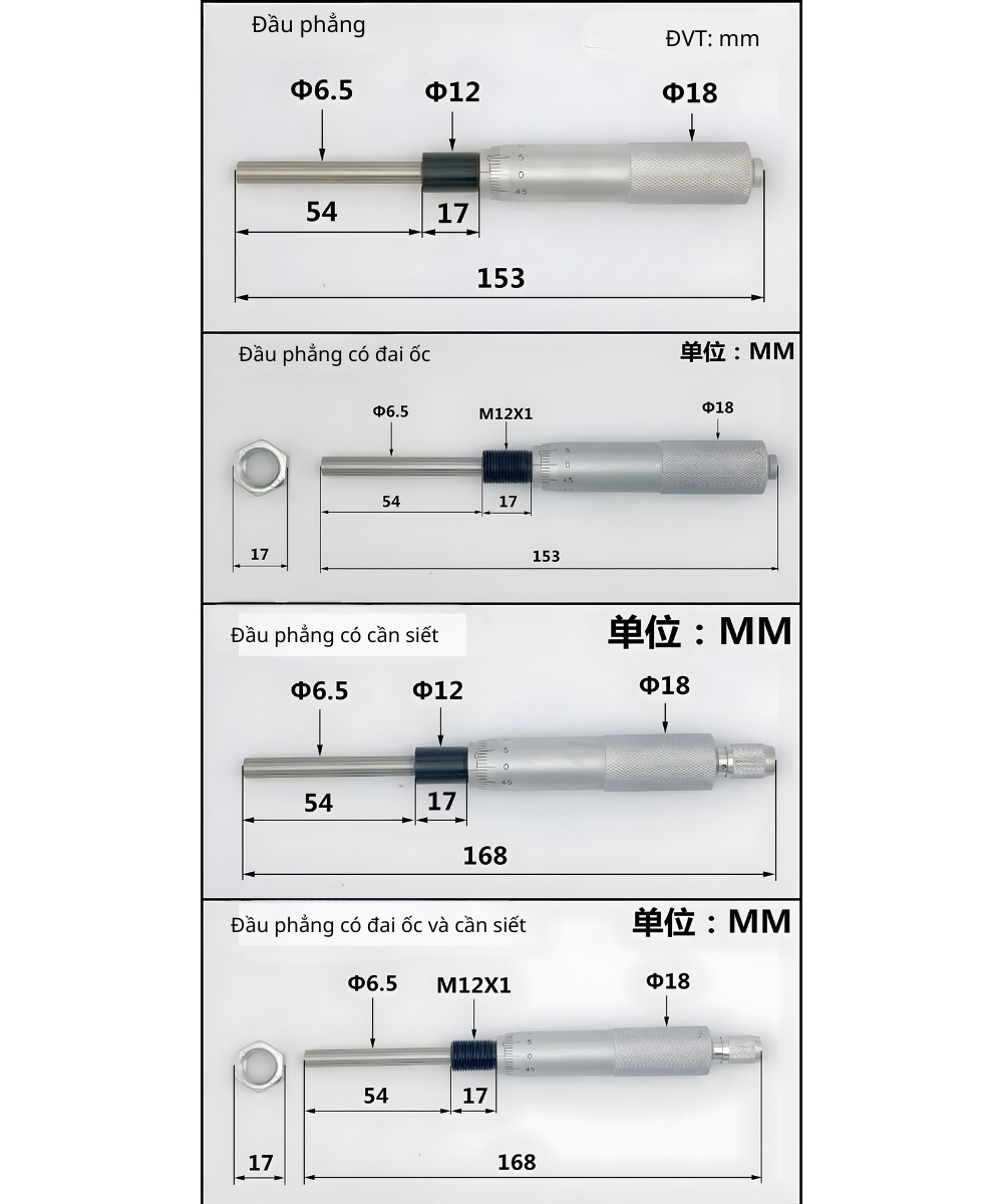 Thông số kỹ thuật đầu panme vi sai khoảng đo 0-50mm