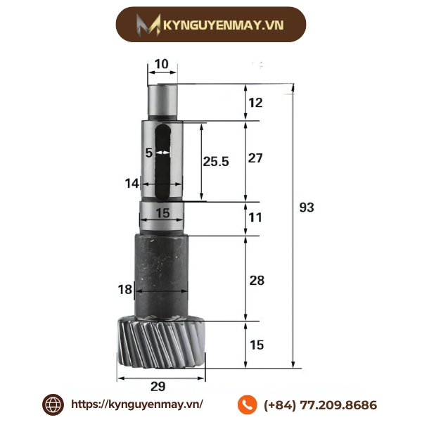 Ảnh thông số trục bánh răng chéo dài 93mm