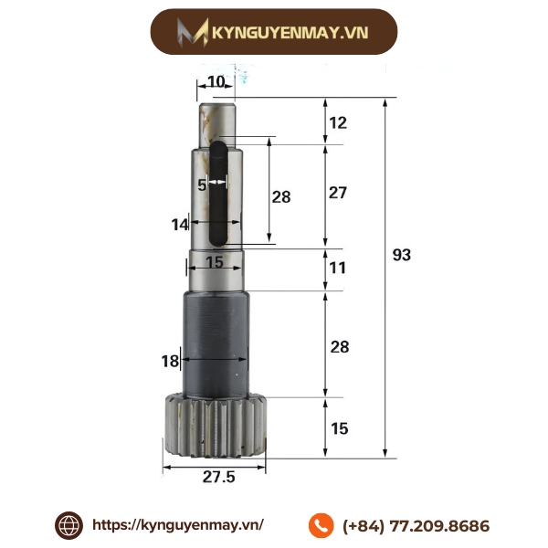 Ảnh thông số trục bánh răng thẳng dài 93mm