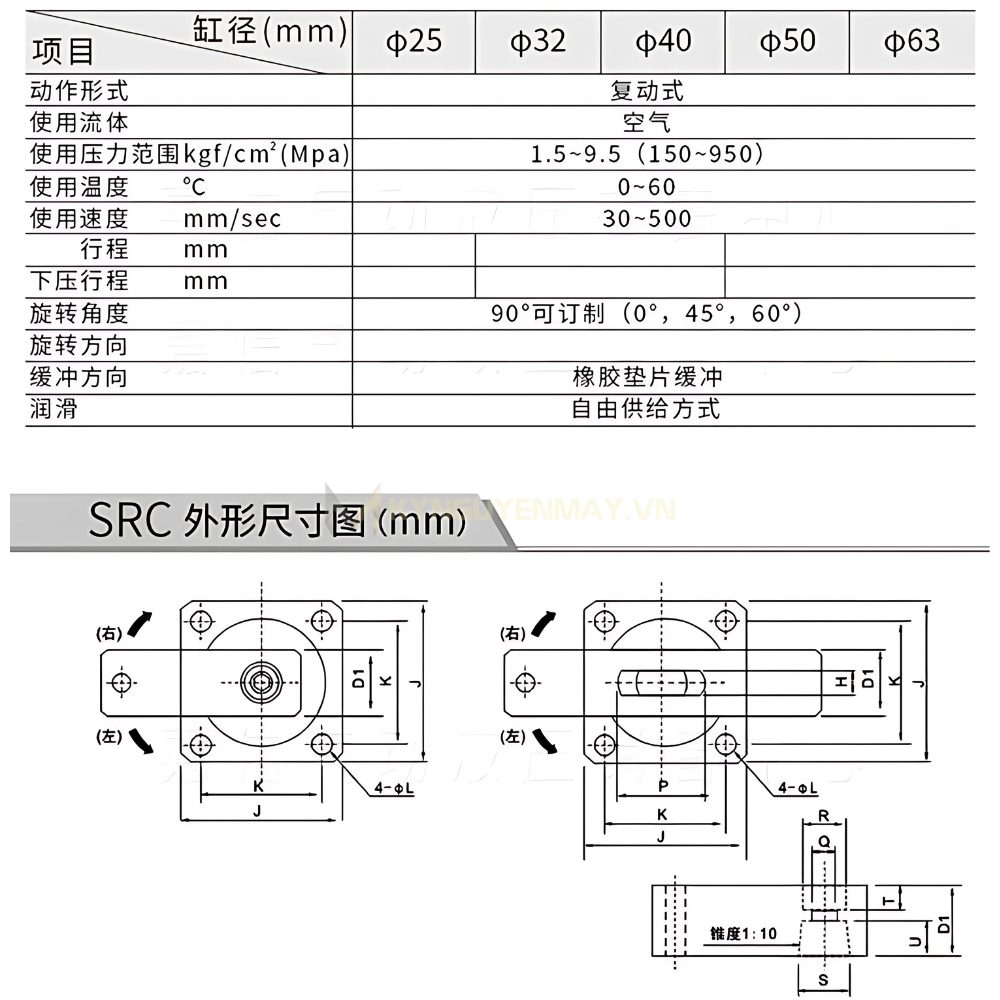 Thông số kỹ thuật xi lanh kẹp khí nén xoay 90 độ SRC