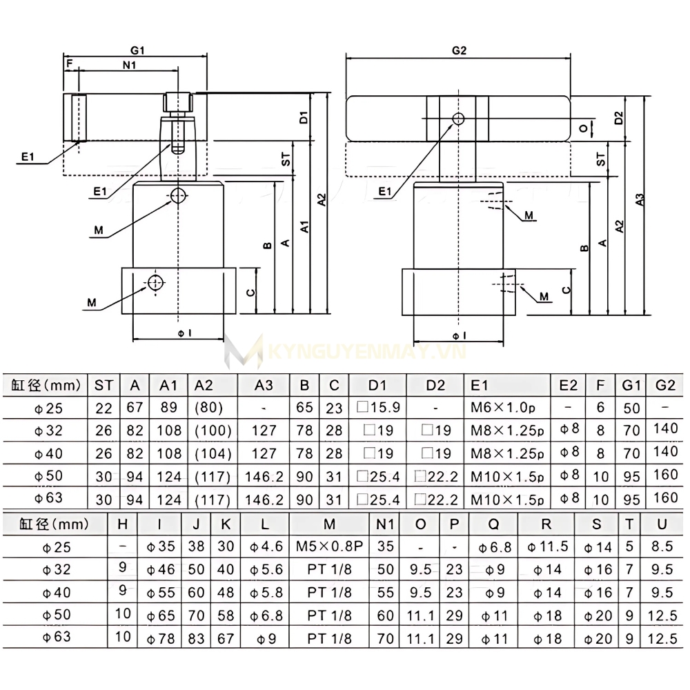 Thông số kỹ thuật xi lanh kẹp khí nén xoay 90 độ SRC