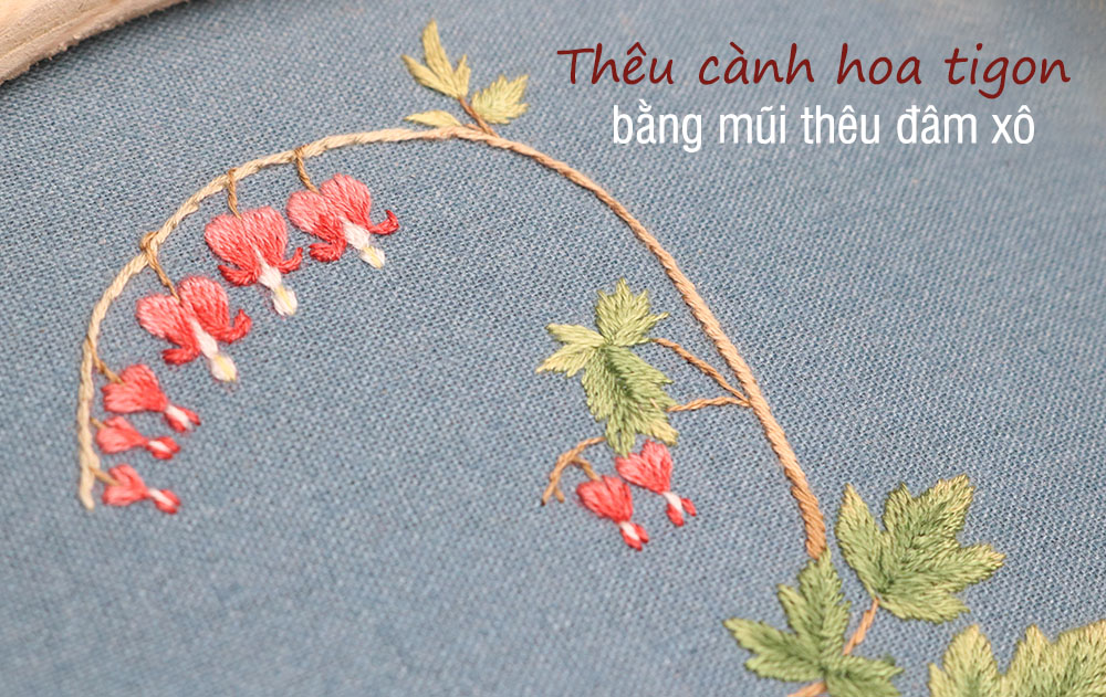 Thêu cành hoa tigon nên thơ bằng mũi thêu đâm xô