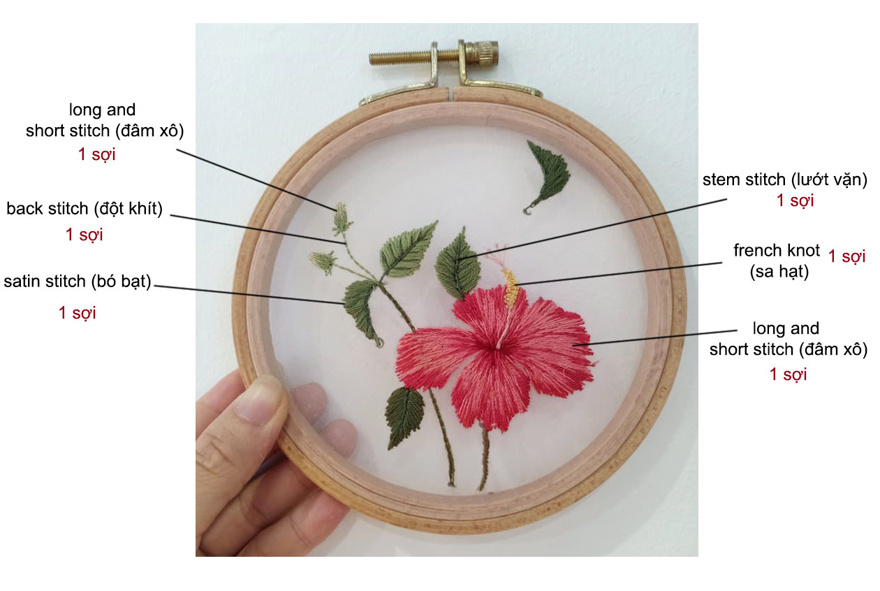 Hướng dẫn thêu hoa dâm bụt trên vải voan kính