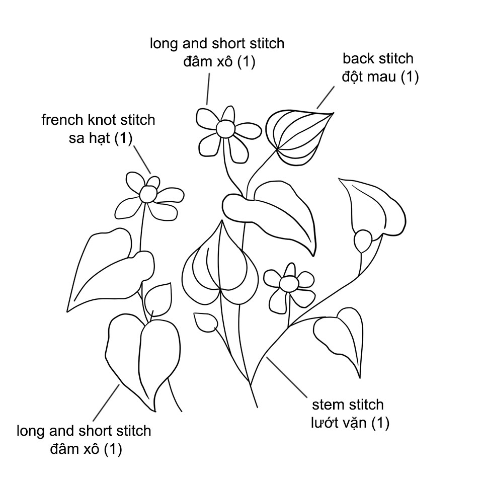 Thêu cành hoa diếp cá bé nhỏ bằng mũi đâm xô đơn giản