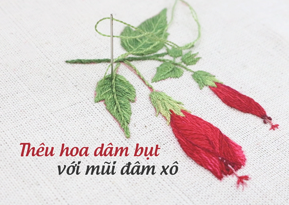 Hướng dẫn dùng mũi đâm xô và tông màu đỏ thêu hoa dâm bụt (có mẫu in)