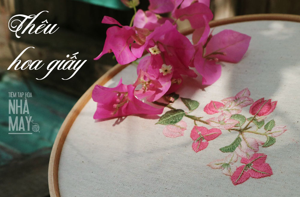 Học thêu cơ bản: Phối màu hồng tím thêu hoa giấy