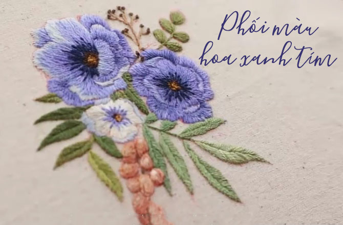 Học thêu cơ bản: phối màu hoa xanh tím