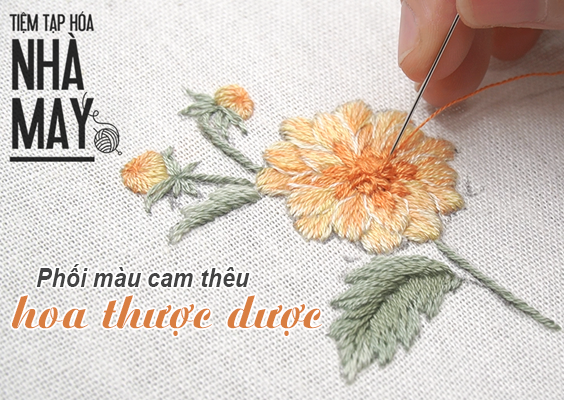 Phối màu cam thêu hoa thược dược (có mẫu in)