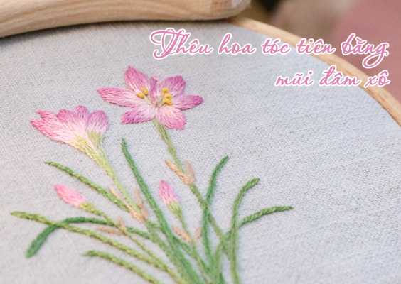 Hướng dẫn thêu khóm hoa tóc tiên mảnh mai bằng mũi đâm xô (có mẫu in)