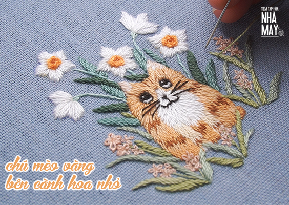 Hướng dẫn thêu chú mèo vàng bên khóm hoa nhỏ (có mẫu in)