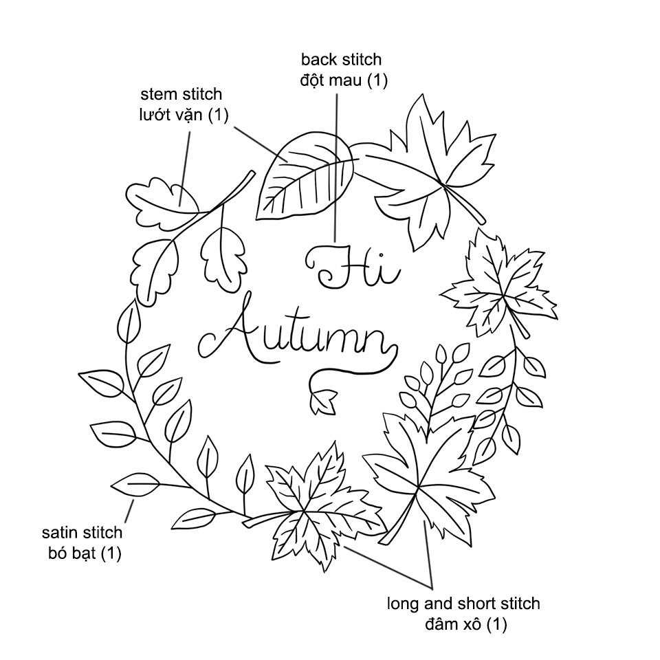 Phối màu cam và dùng mũi đâm xô thêu lá mùa thu