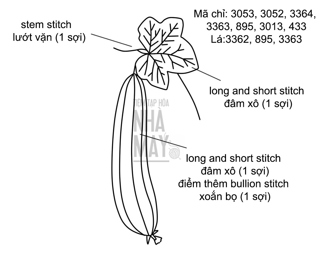 Hướng dẫn thêu quả mướp (có mẫu in)