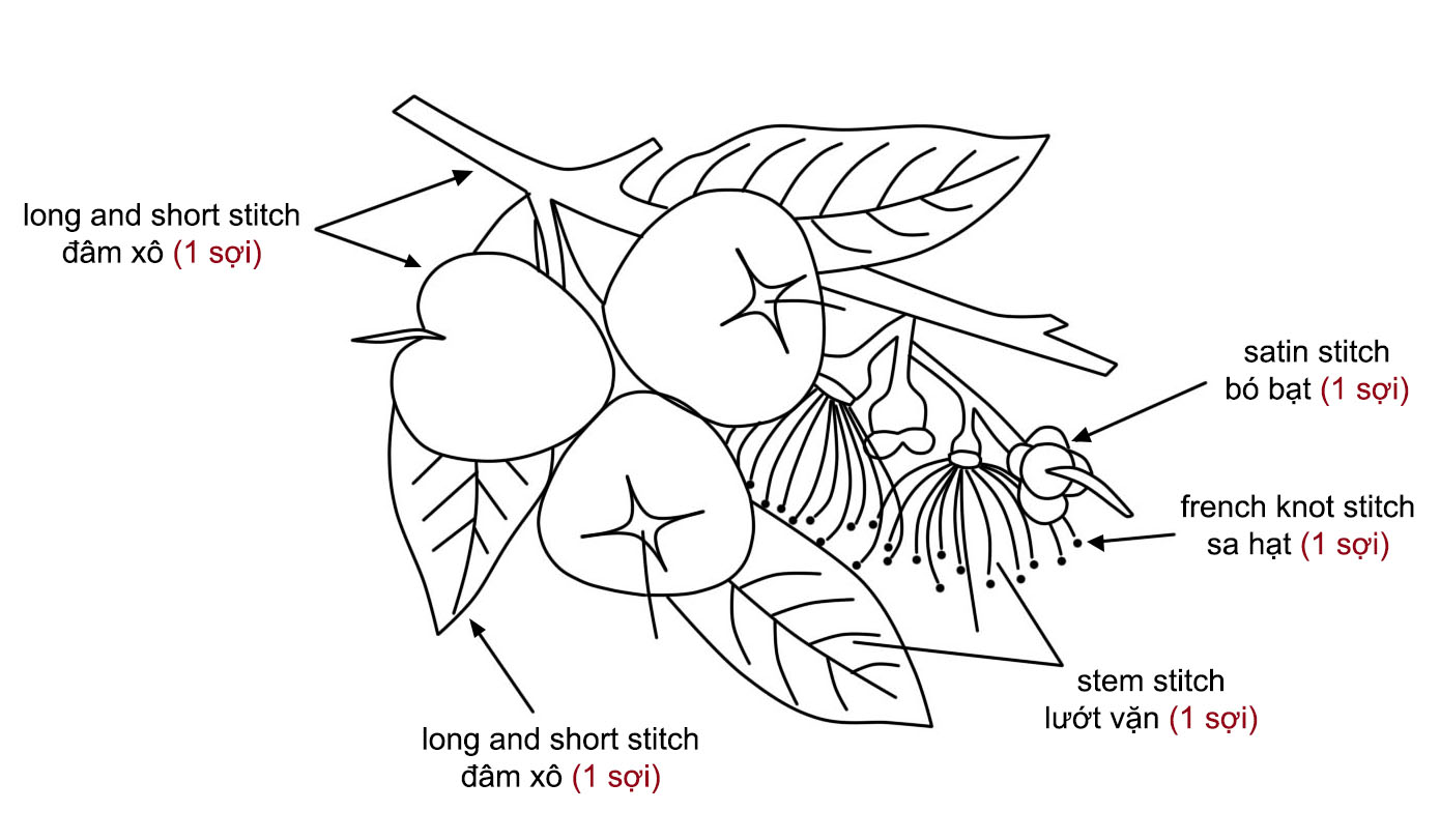 Học thêu tay cơ bản: Thêu chùm roi chín mọng bằng mũi đâm xô