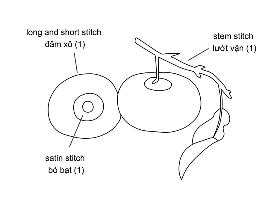 Phối màu vàng và ứng dụng mũi đâm xô để thêu quả thị như thật