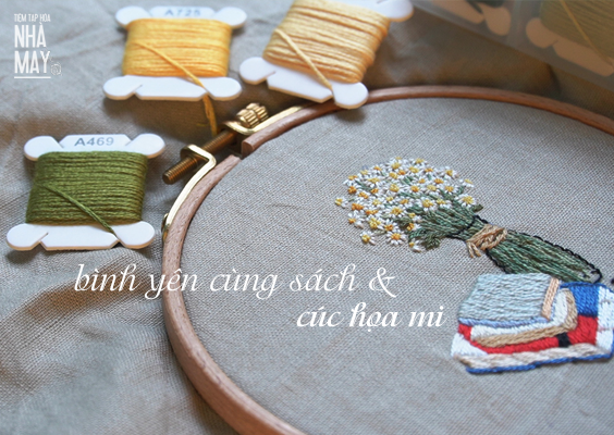 Bình yên cùng mẫu thêu sách và cúc họa mi (có mẫu in)