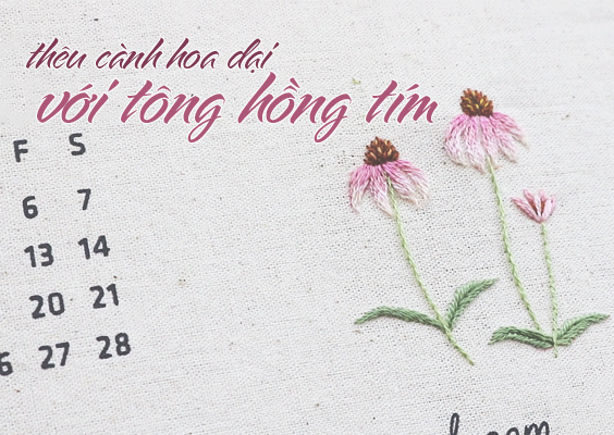 Thêu một cành hoa nhỏ với tông hồng tím (có mẫu in)