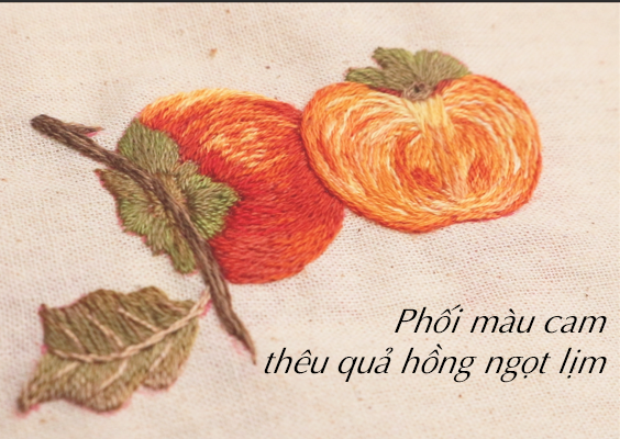 Hướng dẫn phối màu tông cam và thêu hai quả hồng ngọt lịm (có mẫu in)