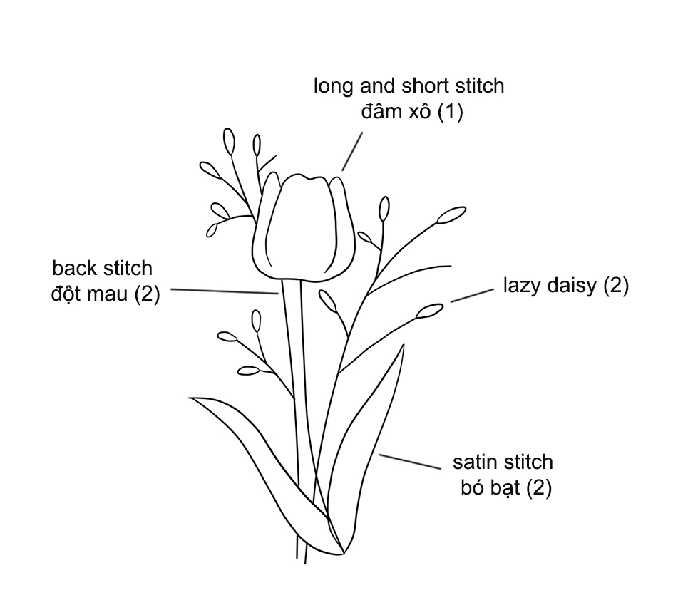 Hướng dẫn thêu hoa Tulip bằng mũi đâm xô cơ bản (có mẫu in)