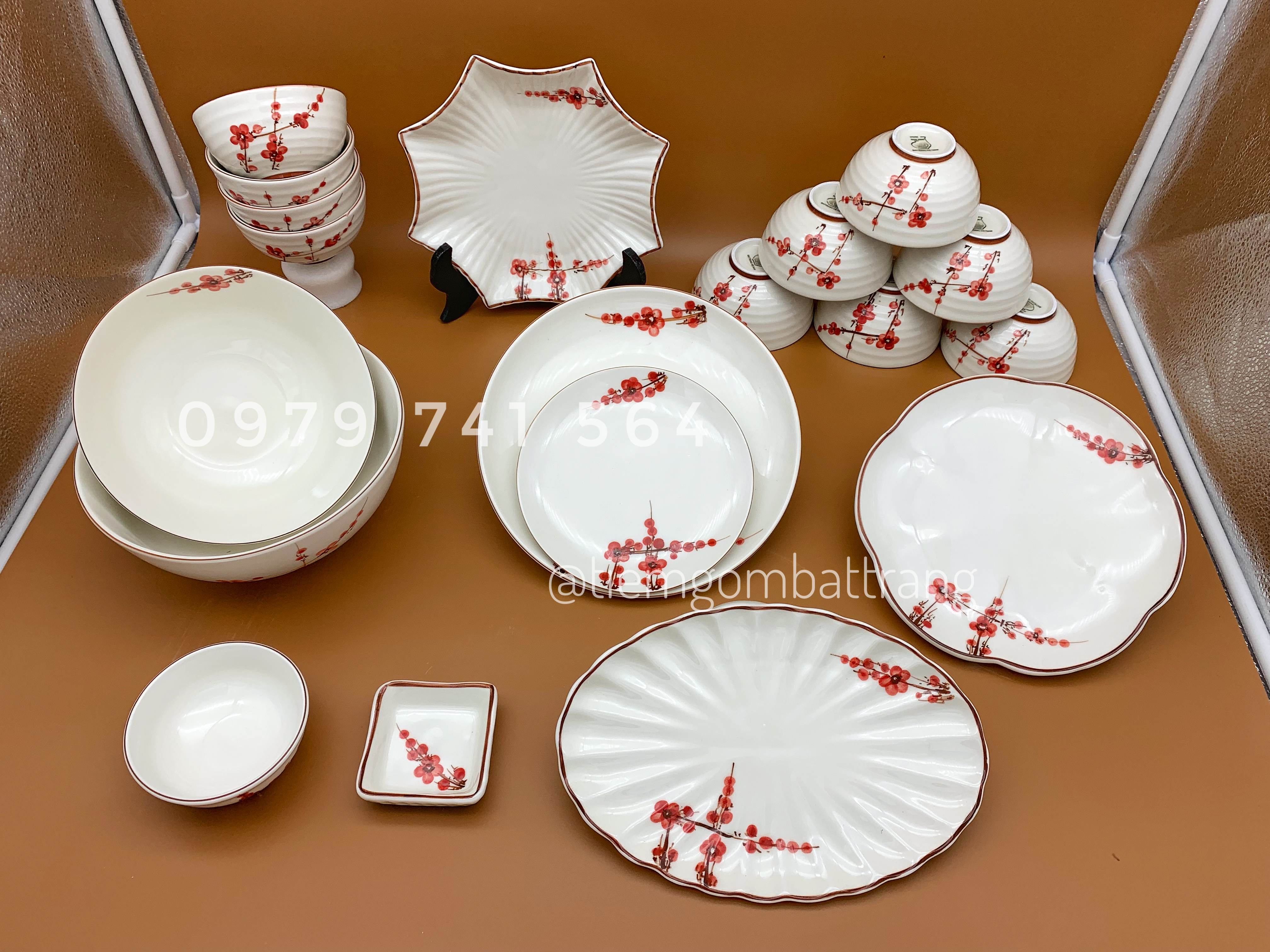 bộ bát đĩa hoa đào đỏ gốm sứ Bát Tràng