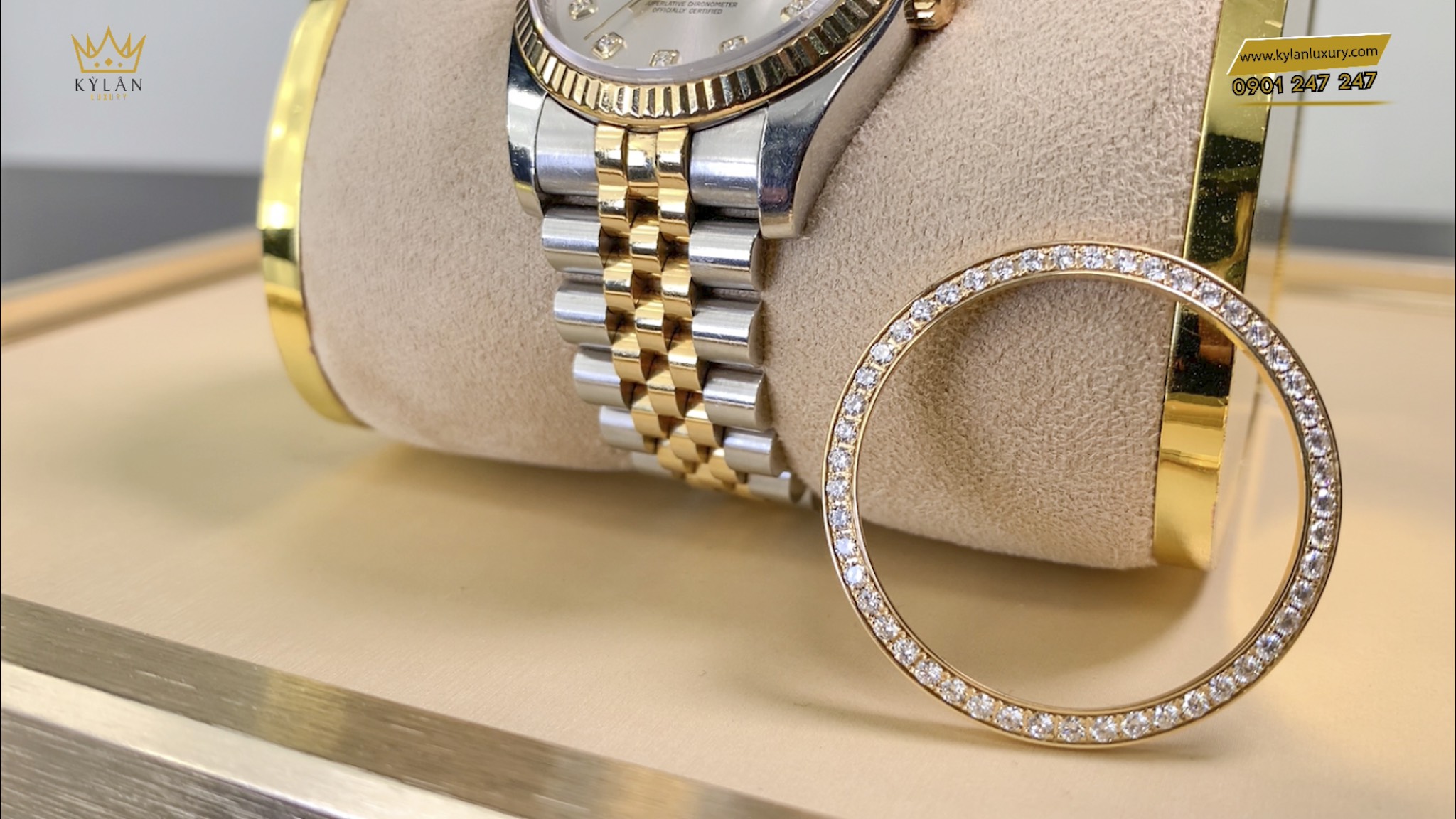 Vòng bezel vàng khối đính kim Rolex 36mm 3 Kỳ Lân Luxury vong bezel vang khoi dinh kim rolex size 38 5 Vòng bezel vàng khối đính kim Rolex 36mm