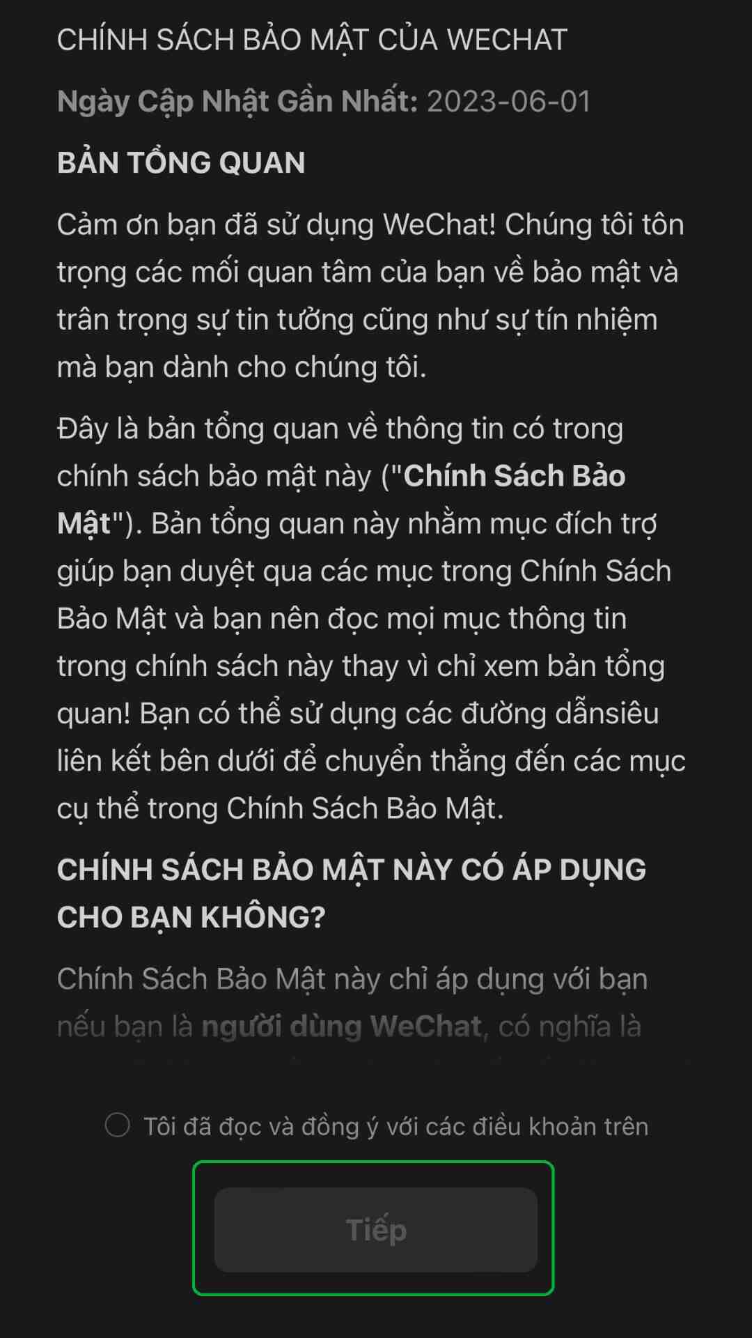 Đồng ý với chính sách bảo mật của Wechat