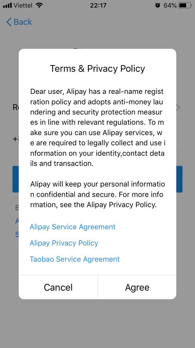 Đồng ý với chính sách của Alipay