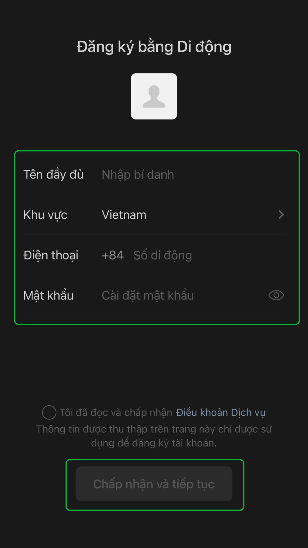 Điền thông tin tài khoản