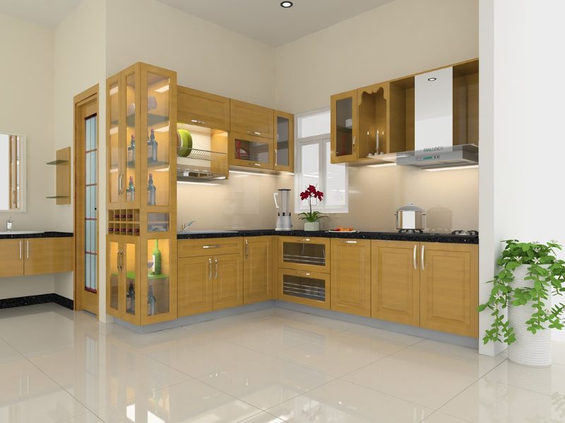 Tủ bếp góc chép giúp khu vực nấu nướng được phân chia rõ ràng