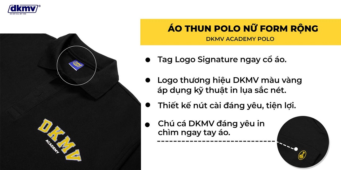 áo thun polo nữ form rộng màu đen academy polo