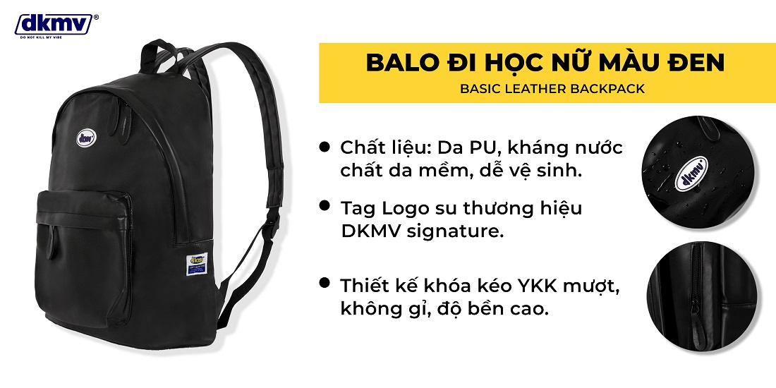 balo đi học nữ màu đen chống nước basic leather backpack