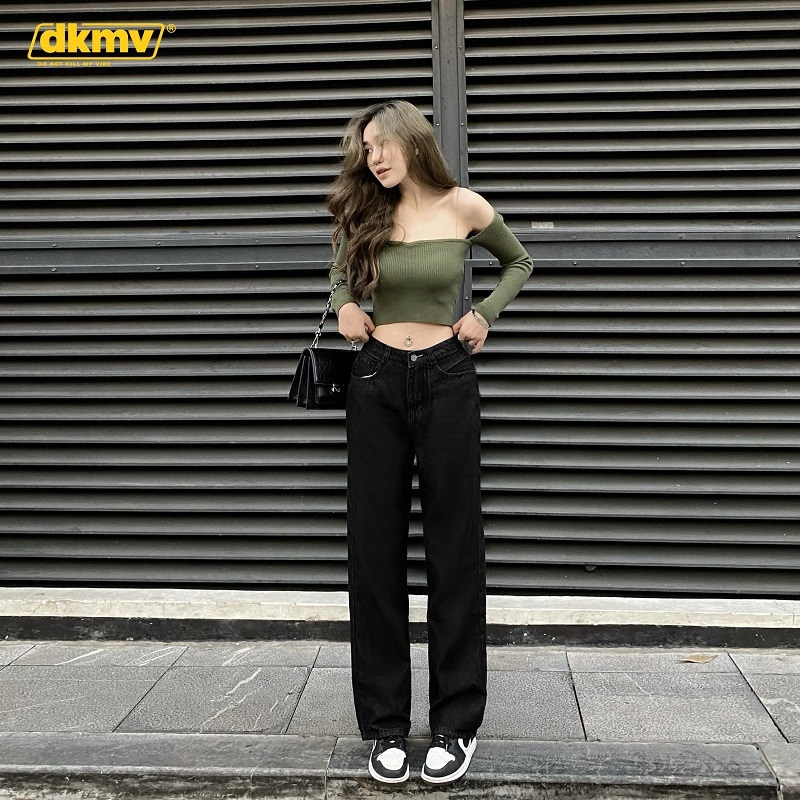 quần jean ống rộng lưng cao màu đen