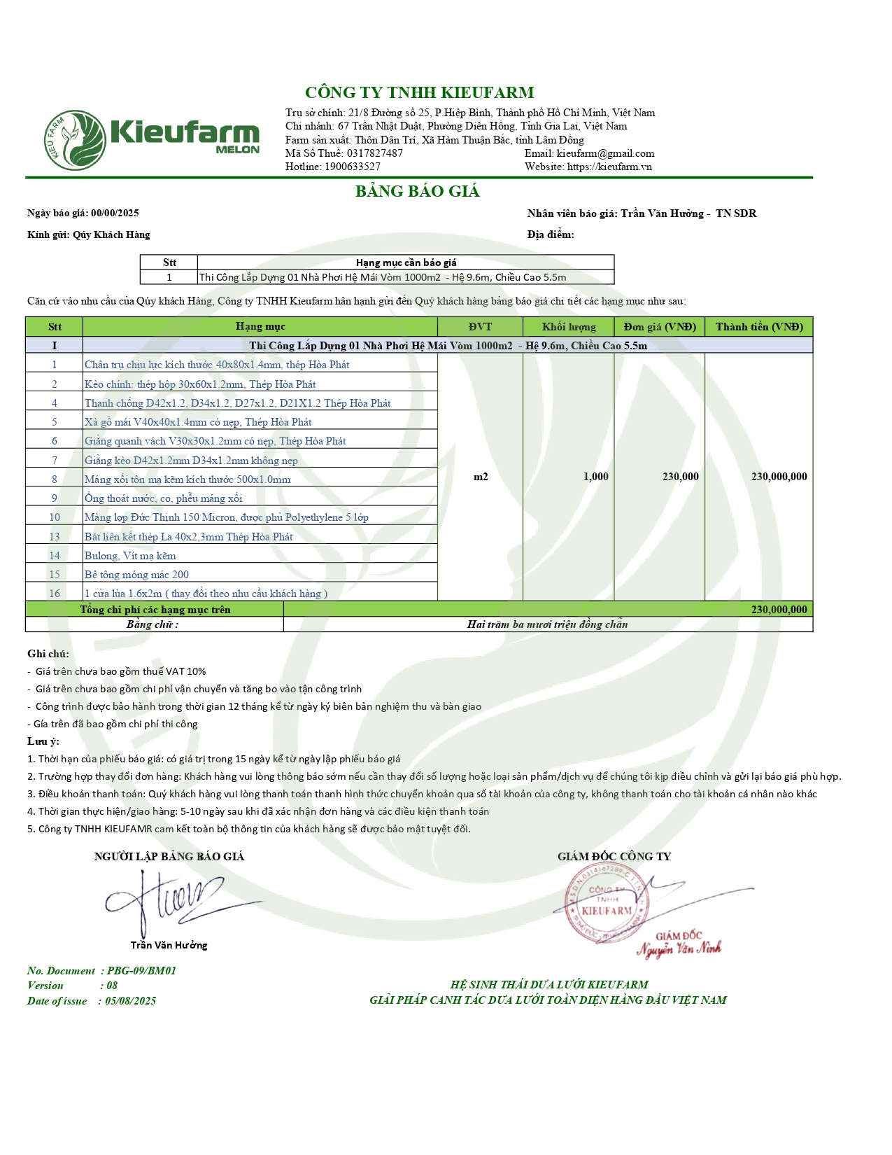 Báo giá nhà màng phơi nông sản chi tiết