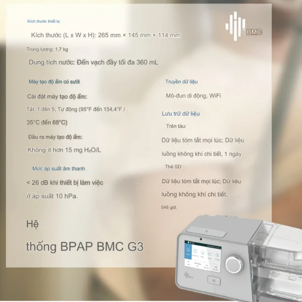 Thông số Máy thở Bipap BMC G3 B30VT (máy trợ thở 2 chiều)