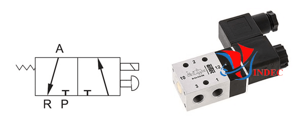 Van điện từ khí nén 3/2 là van gồm 3 cửa và 2 vị trí. 3 cửa gồm cửa vào, ra, xả. 2 vị trí là đóng và mở. Van thường đựa chọn sử dụng để điều tiết khí nén và có vai trò như 1 công tắc khí nén.