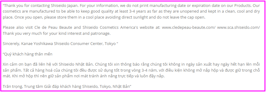 Câu trả lời Shiseido Nhật Bản về hạn sử dụng của mỹ phẩm