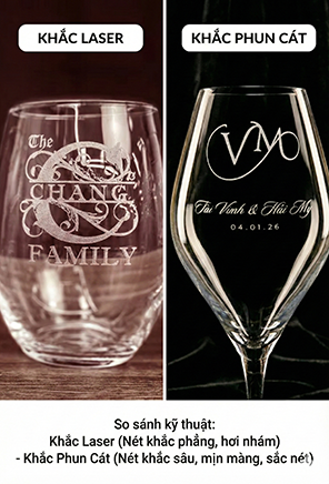 So sánh ly khắc Laser nét mờ, nhám và ly khắc Phun cát (bắn film) nét sâu, sắc nét.