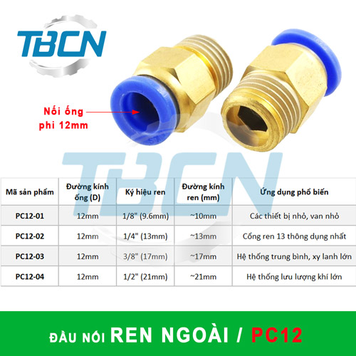 Đầu nối nhanh khí nén thẳng cho ống hơi phi 12mm
