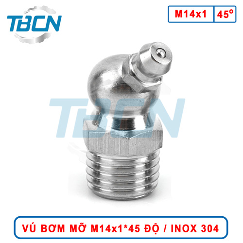 Vú bơm mỡ góc 45 độ M14x1 inox 304