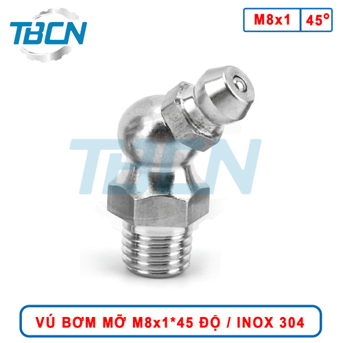 Vú bơm mỡ góc 45 độ M8x1 Inox 304