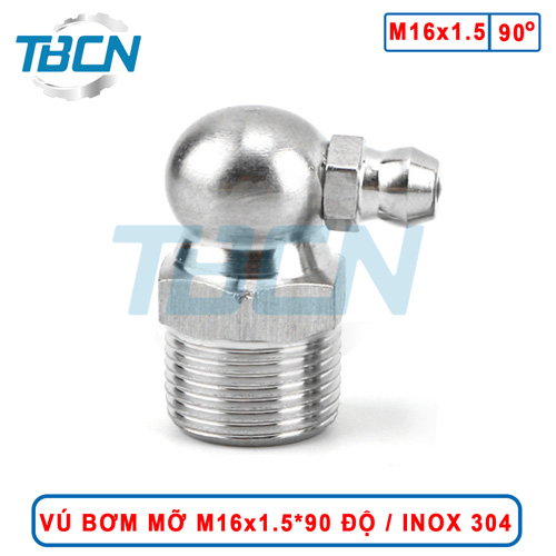 Vú bơm mỡ góc 90 độ M16x1.5 inox 304