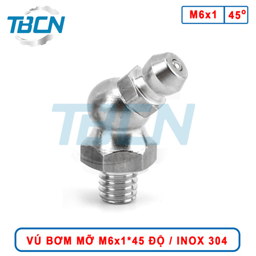 Vú bơm mỡ inox 304 góc 45 độ M6x1