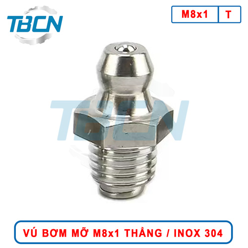 Vú bơm mỡ thẳng Inox 304 M8x1